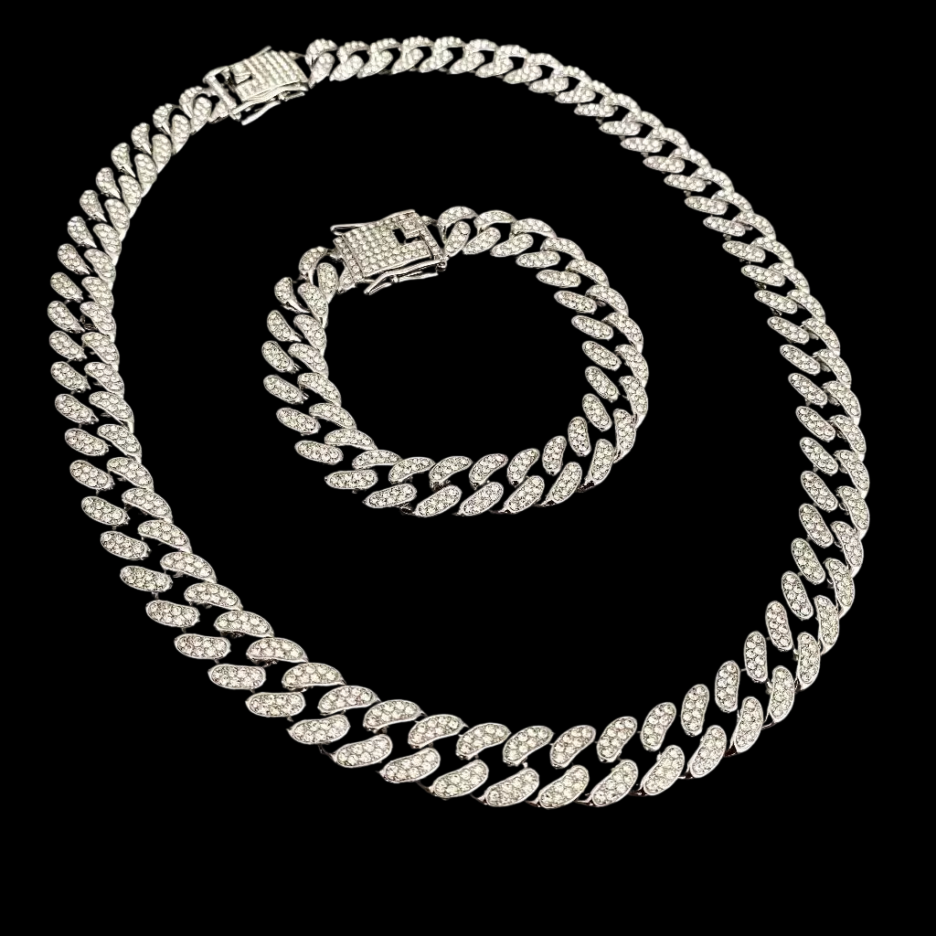 Kit Premium Corrente Cravejada Pulseira E Pingente Cruz Cuban Zircônia