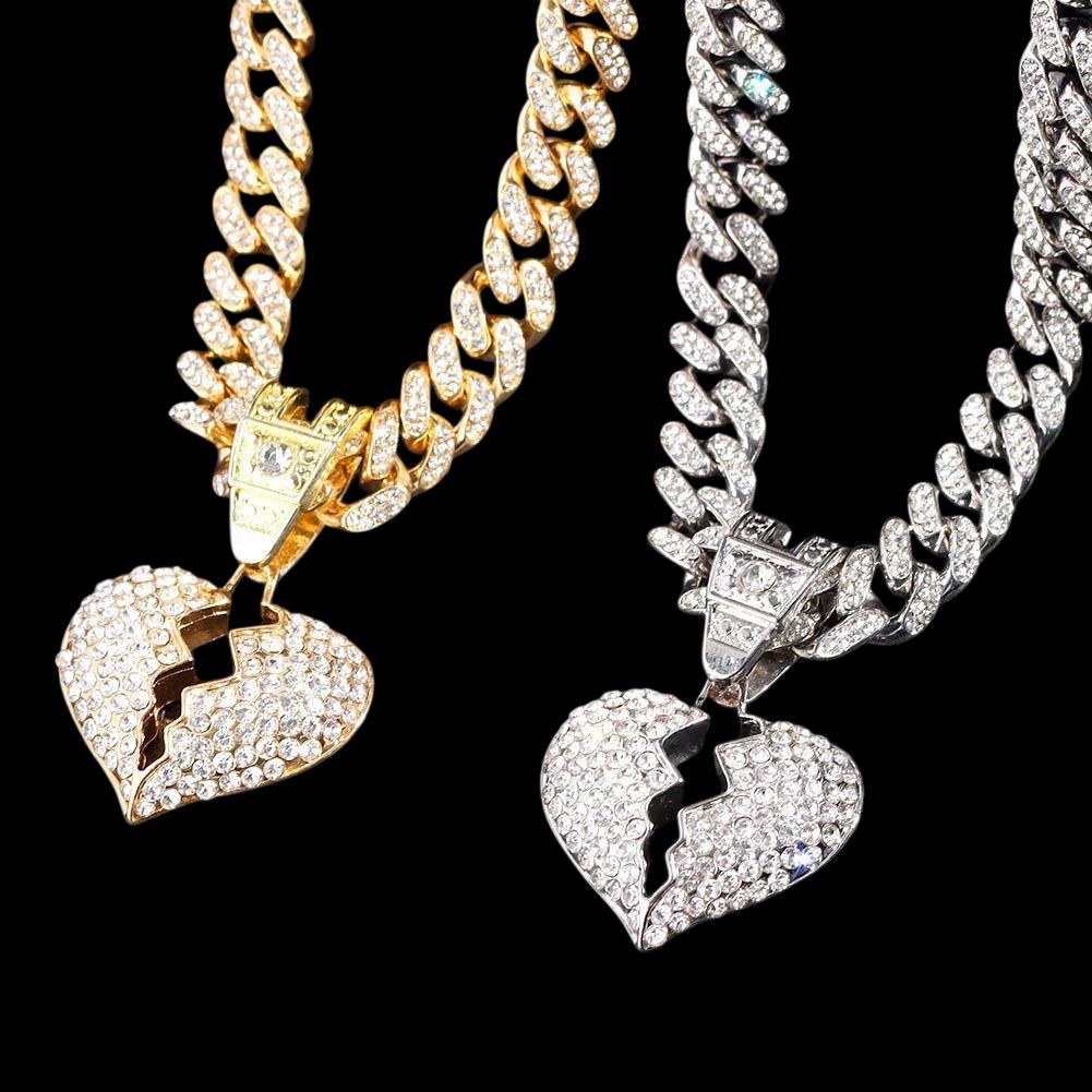 Kit Corrente Cravejada E Pingente Coração Partido Cuban