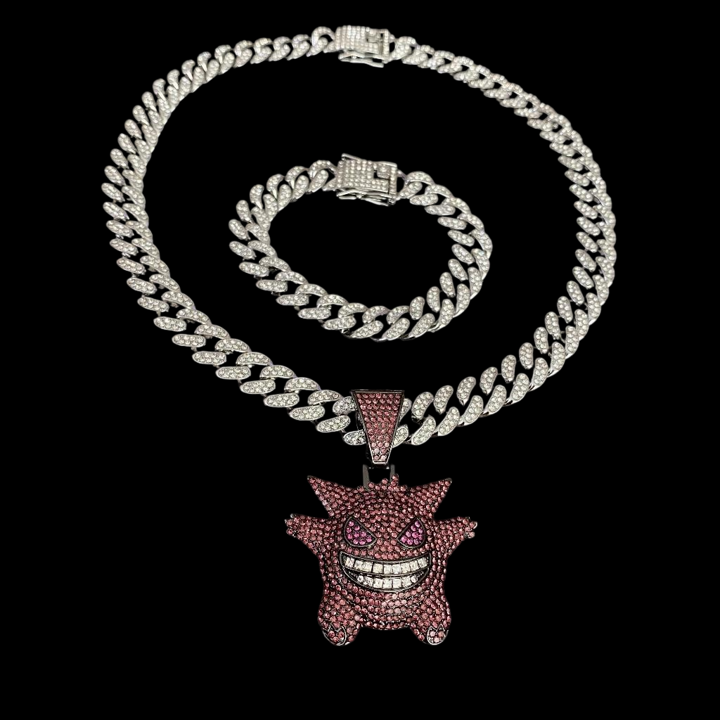 Kit Corrente Cravejada Pulseira E Pingente Gengar Cuban