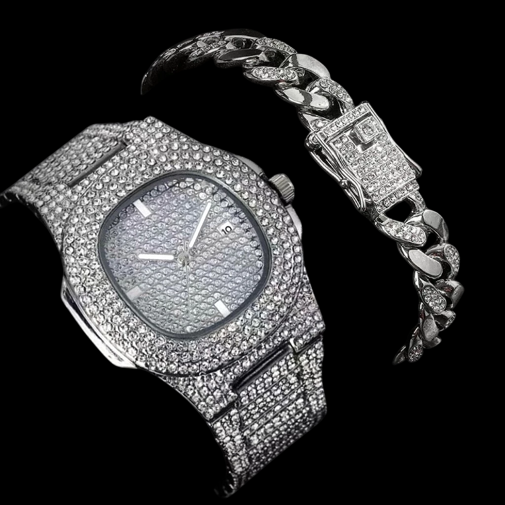 Kit Relogio E Pulseira Cravejada Ice Cuban