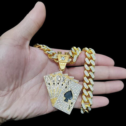 Kit Corrente Cravejada E Pingente Cartas Cuban