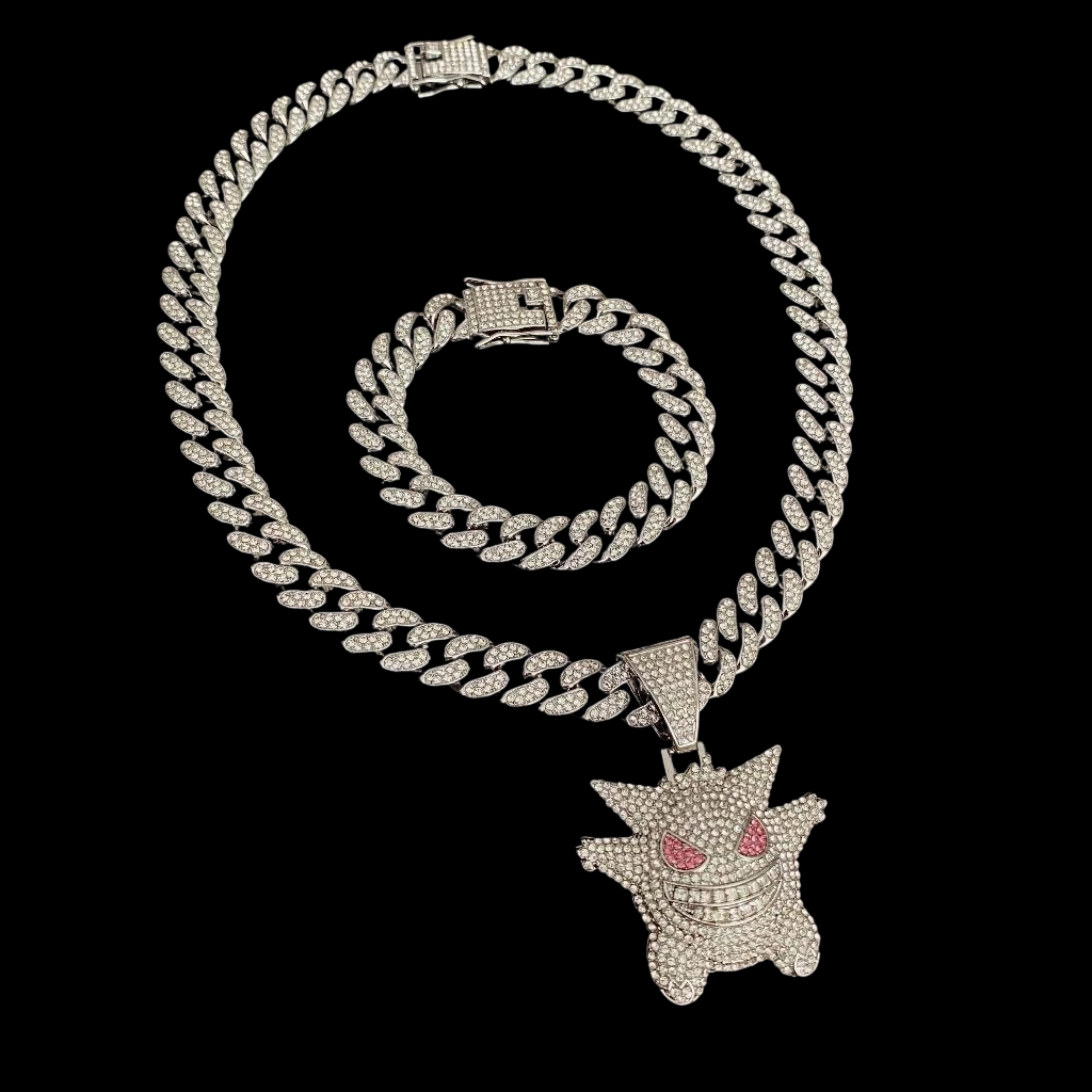 Kit Corrente Cravejada Pulseira E Pingente Gengar Cuban