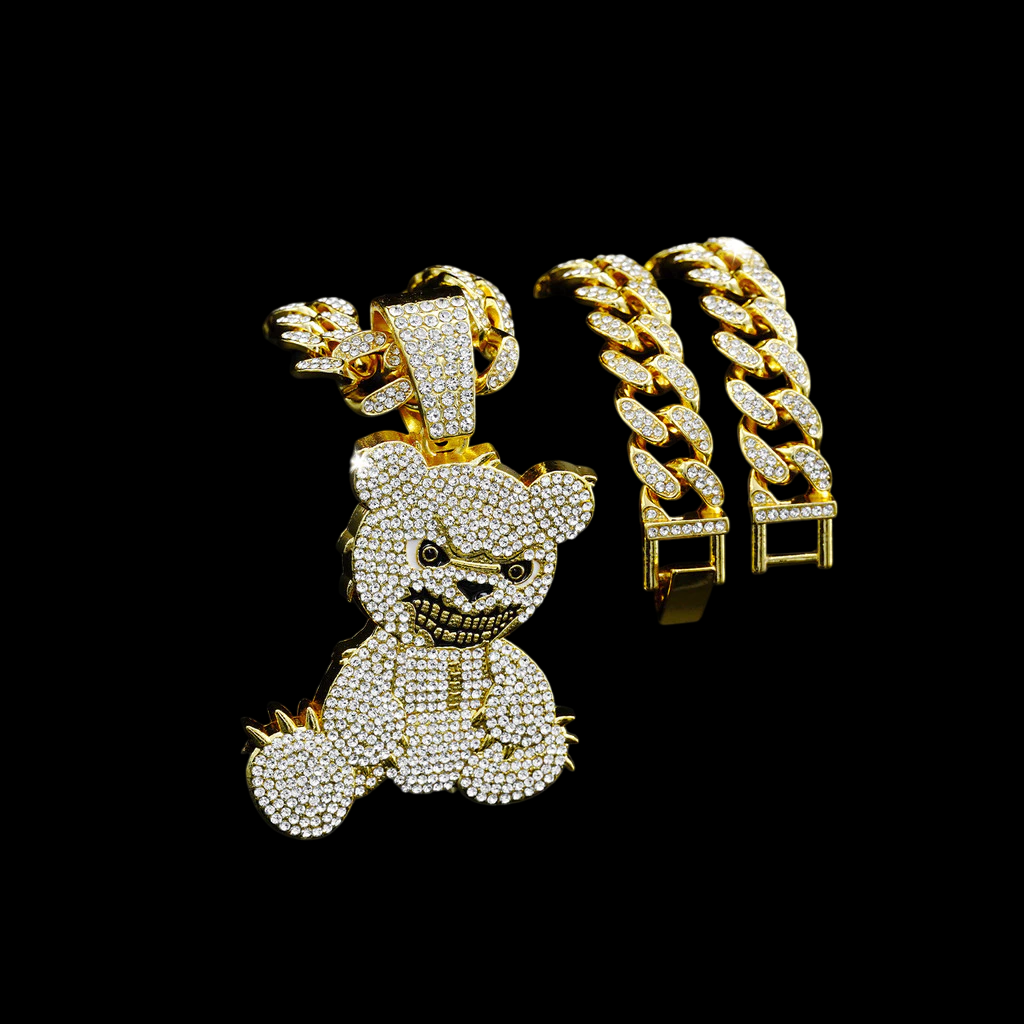 kit Corrente Cravejada E Pingente Bear Cuban